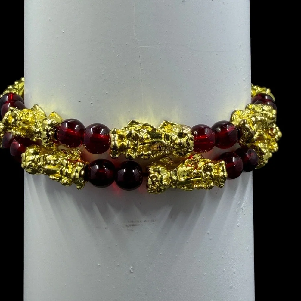 Gold Pixiu Bracelet Red Bead‎ Feng Shui Wealth Prosperity Lucky Stretch